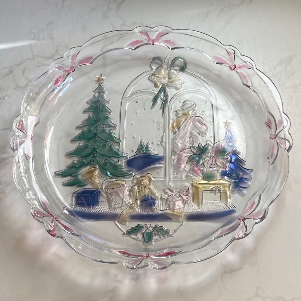 Vintage Crystal Clear Studios 90s Christmas Joy Glass Platter Santa Dish Platter